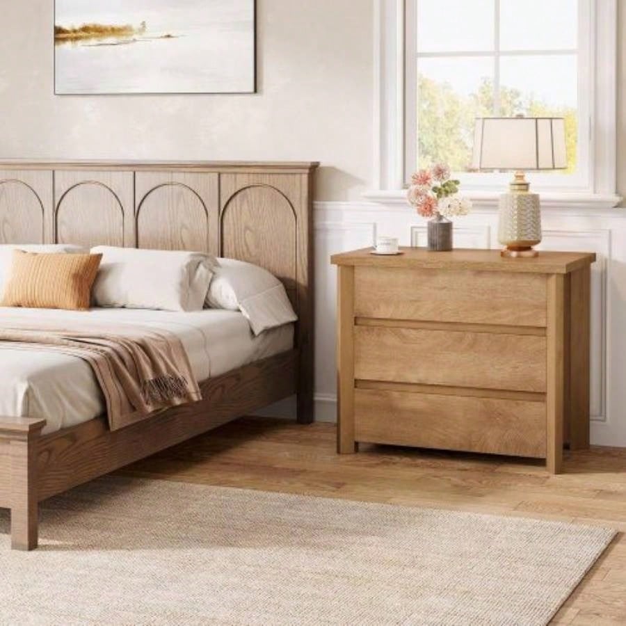 32 Farmhouse Nightstand with 3 Drawers, Large Rustic Brown Bedside Table with Ample Storage Bedroom Living Room
