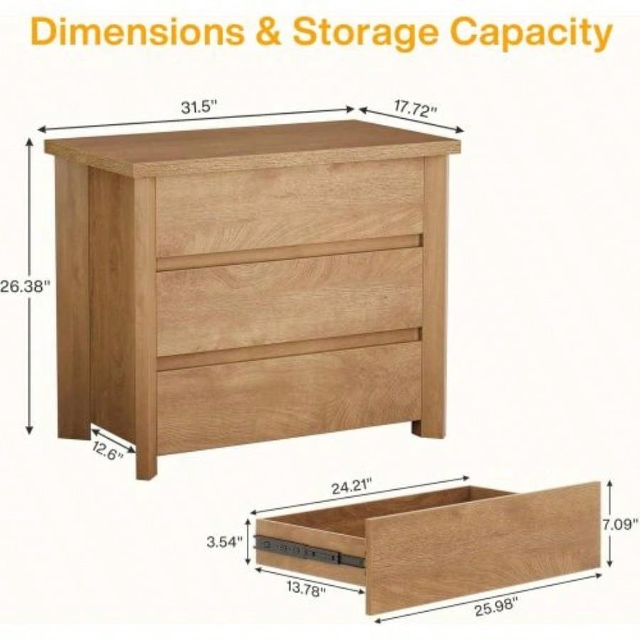 32 Farmhouse Nightstand with 3 Drawers, Large Rustic Brown Bedside Table with Ample Storage Bedroom Living Room