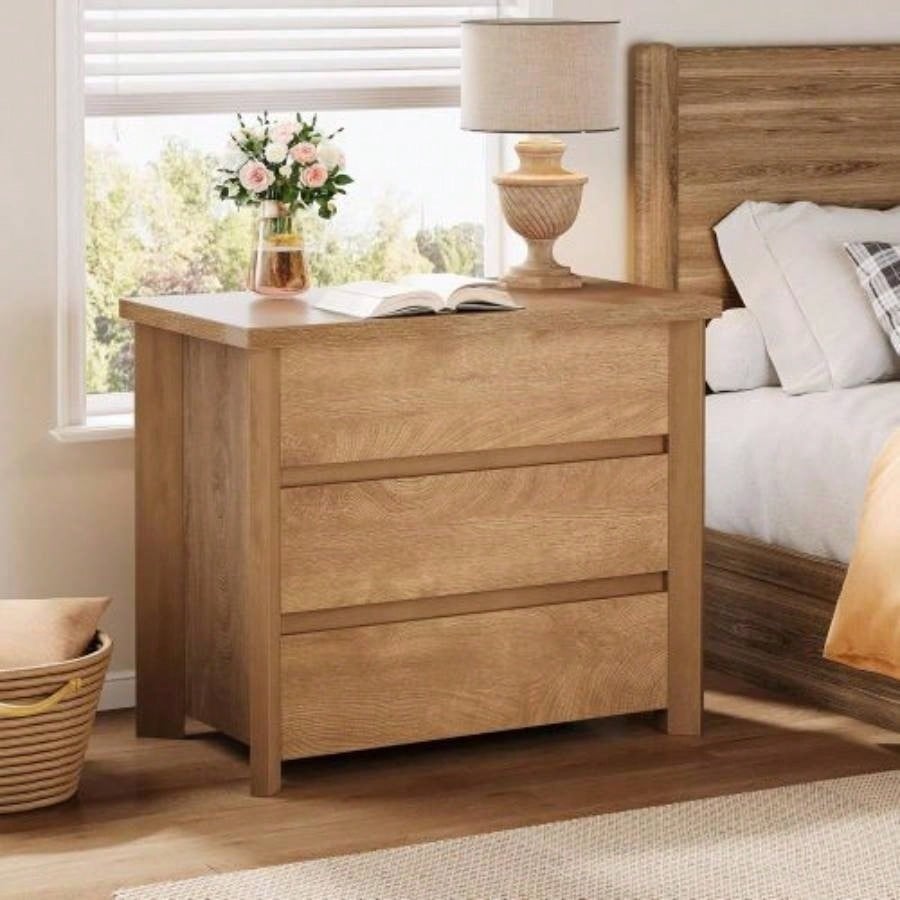 32 Farmhouse Nightstand with 3 Drawers, Large Rustic Brown Bedside Table with Ample Storage Bedroom Living Room