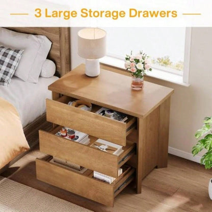 32 Farmhouse Nightstand with 3 Drawers, Large Rustic Brown Bedside Table with Ample Storage Bedroom Living Room