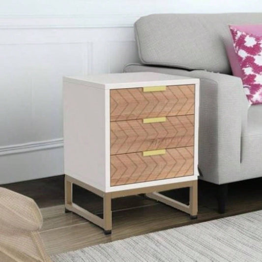 Set of 2 Modern Nightstands with 3 Drawers, 17. Inches White and Walnut Bedside Tables with Gold Accents, Stylish Zig Zag Design, Small End Tables Bedroom, Living Room, or Office