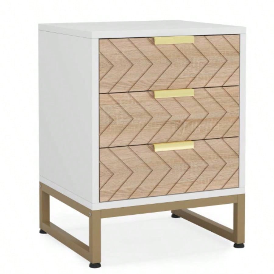 Set of 2 Modern Nightstands with 3 Drawers, 17. Inches White and Walnut Bedside Tables with Gold Accents, Stylish Zig Zag Design, Small End Tables Bedroom, Living Room, or Office