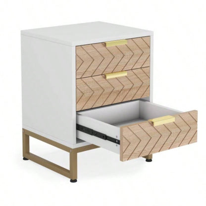 Set of 2 Modern Nightstands with 3 Drawers, 17. Inches White and Walnut Bedside Tables with Gold Accents, Stylish Zig Zag Design, Small End Tables Bedroom, Living Room, or Office