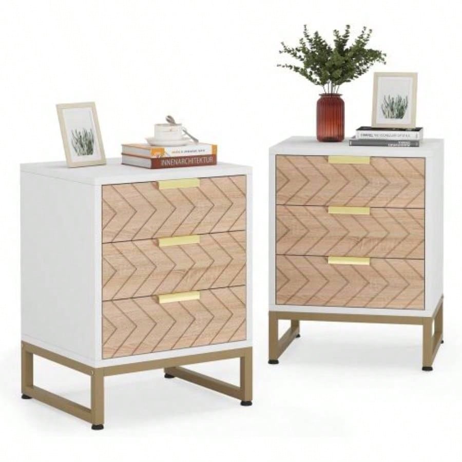 Set of 2 Modern Nightstands with 3 Drawers, 17. Inches White and Walnut Bedside Tables with Gold Accents, Stylish Zig Zag Design, Small End Tables Bedroom, Living Room, or Office