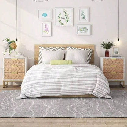 Set of 2 Modern Nightstands with 3 Drawers, 17. Inches White and Walnut Bedside Tables with Gold Accents, Stylish Zig Zag Design, Small End Tables Bedroom, Living Room, or Office