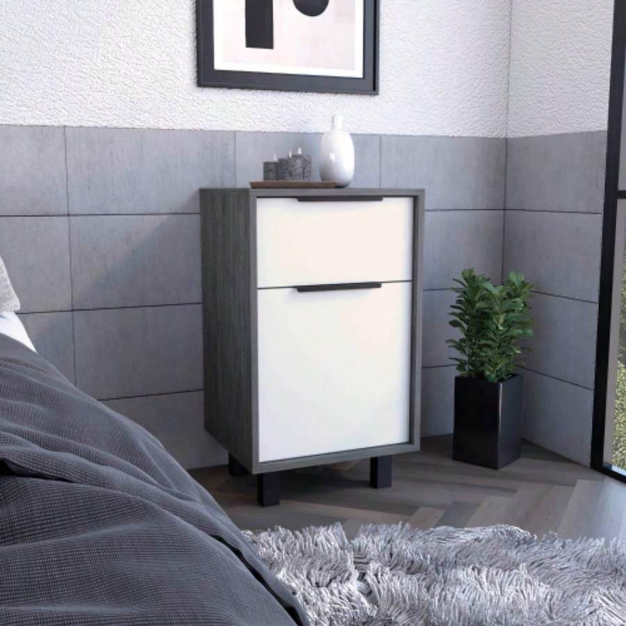 Nightstand 27 H, One Drawer, Storage with Door, Four, Smokey Oak/ White