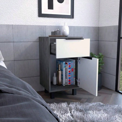 Nightstand 27 H, One Drawer, Storage with Door, Four, Smokey Oak/ White