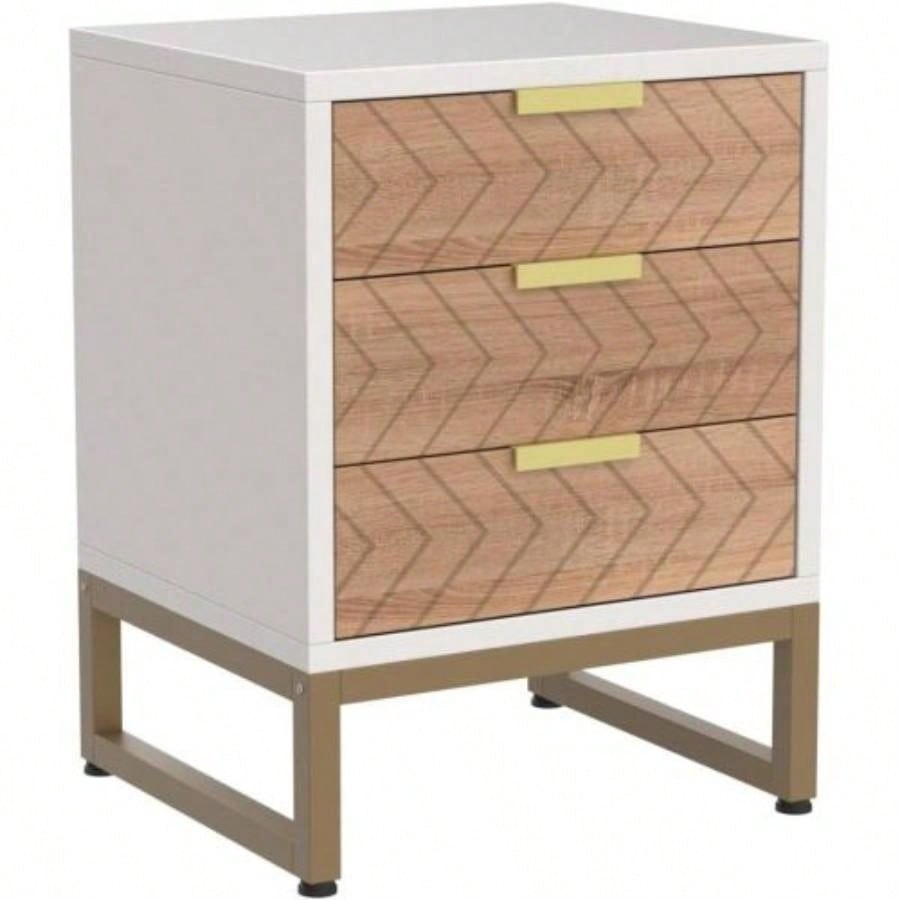Set of 2 Modern Nightstands with 3 Drawers, 17. Inches White and Walnut Bedside Tables with Gold Accents, Stylish Zig Zag Design, Small End Tables Bedroom, Living Room, or Office