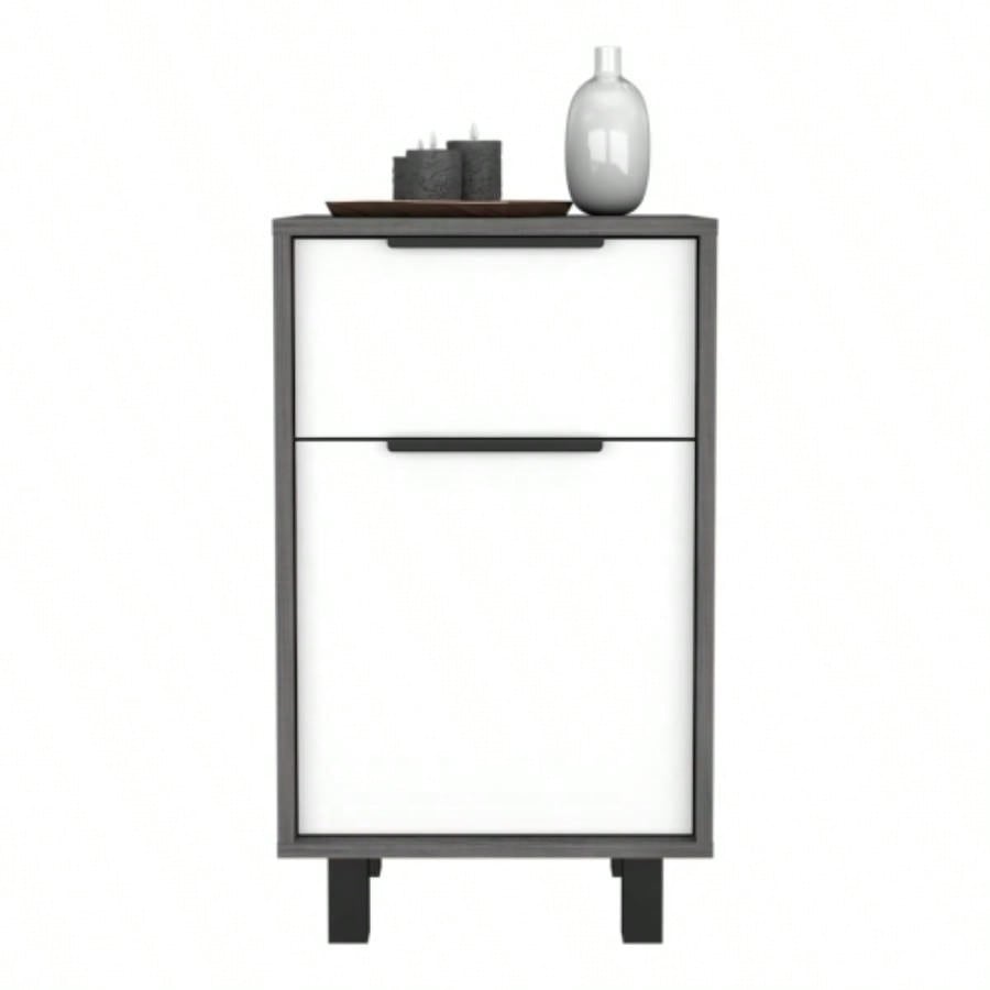 Nightstand 27 H, One Drawer, Storage with Door, Four, Smokey Oak/ White