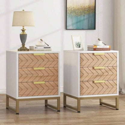 Set of 2 Modern Nightstands with 3 Drawers, 17. Inches White and Walnut Bedside Tables with Gold Accents, Stylish Zig Zag Design, Small End Tables Bedroom, Living Room, or Office
