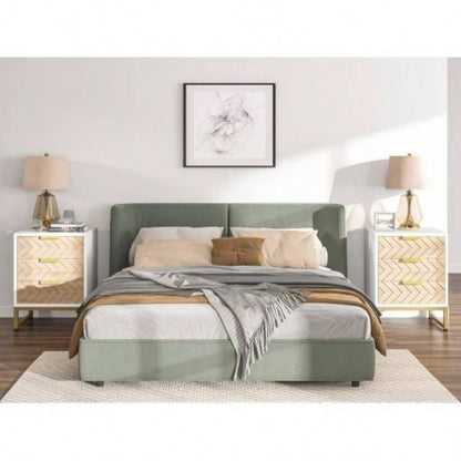 Set of 2 Modern Nightstands with 3 Drawers, 17. Inches White and Walnut Bedside Tables with Gold Accents, Stylish Zig Zag Design, Small End Tables Bedroom, Living Room, or Office