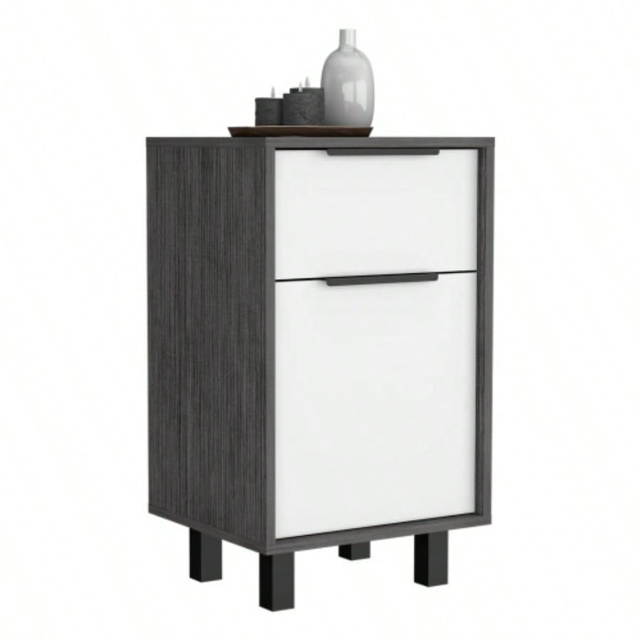 Nightstand 27 H, One Drawer, Storage with Door, Four, Smokey Oak/ White