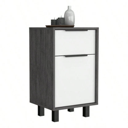 Nightstand 27 H, One Drawer, Storage with Door, Four, Smokey Oak/ White