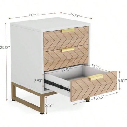 Set of 2 Modern Nightstands with 3 Drawers, 17. Inches White and Walnut Bedside Tables with Gold Accents, Stylish Zig Zag Design, Small End Tables Bedroom, Living Room, or Office