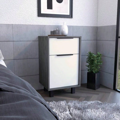 Nightstand 27 H, One Drawer, Storage with Door, Four, Smokey Oak/ White