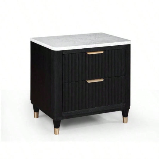 1pc Contemporary 2 - Drawer Black Nightstand White Top Metal Knobs Modern Design Wooden Bedroom Furniture
