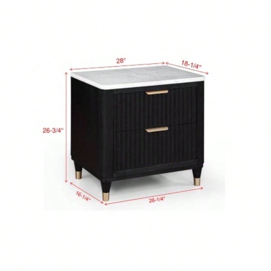 1pc Contemporary 2 - Drawer Black Nightstand White Top Metal Knobs Modern Design Wooden Bedroom Furniture