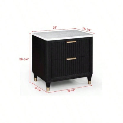 1pc Contemporary 2 - Drawer Black Nightstand White Top Metal Knobs Modern Design Wooden Bedroom Furniture