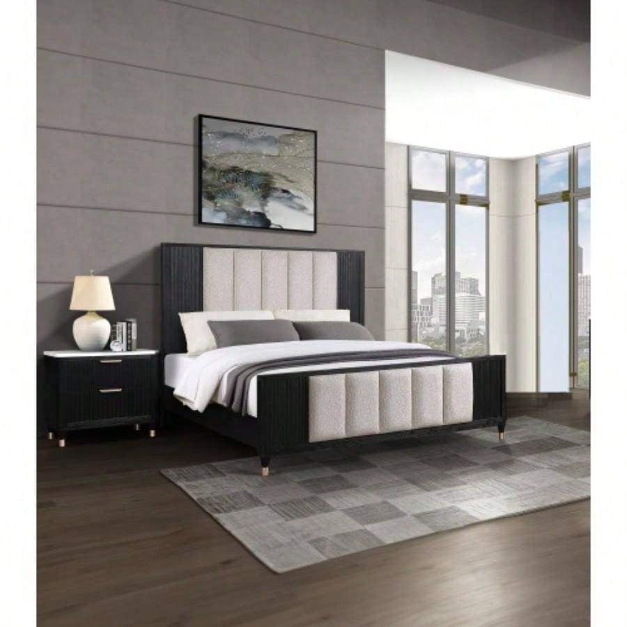 1pc Contemporary 2 - Drawer Black Nightstand White Top Metal Knobs Modern Design Wooden Bedroom Furniture