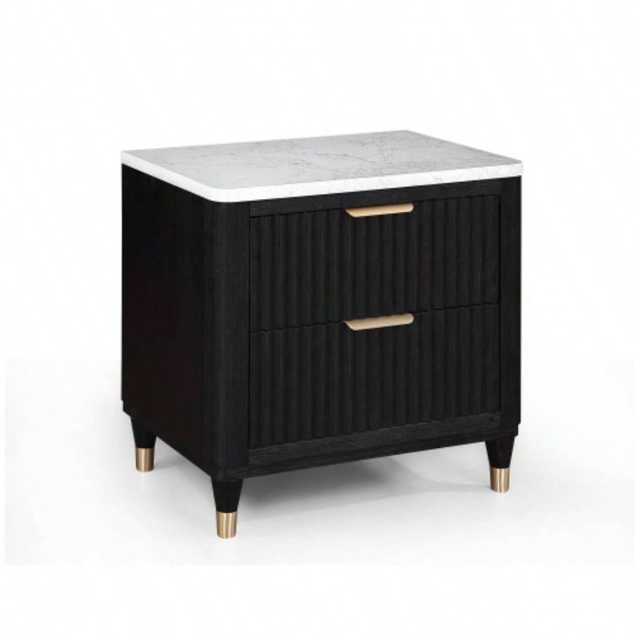 1pc Contemporary 2 - Drawer Black Nightstand White Top Metal Knobs Modern Design Wooden Bedroom Furniture