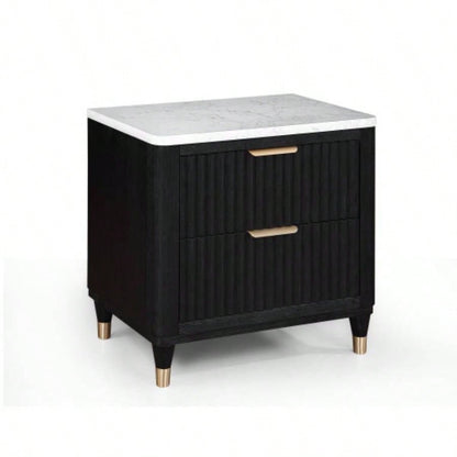 1pc Contemporary 2 - Drawer Black Nightstand White Top Metal Knobs Modern Design Wooden Bedroom Furniture