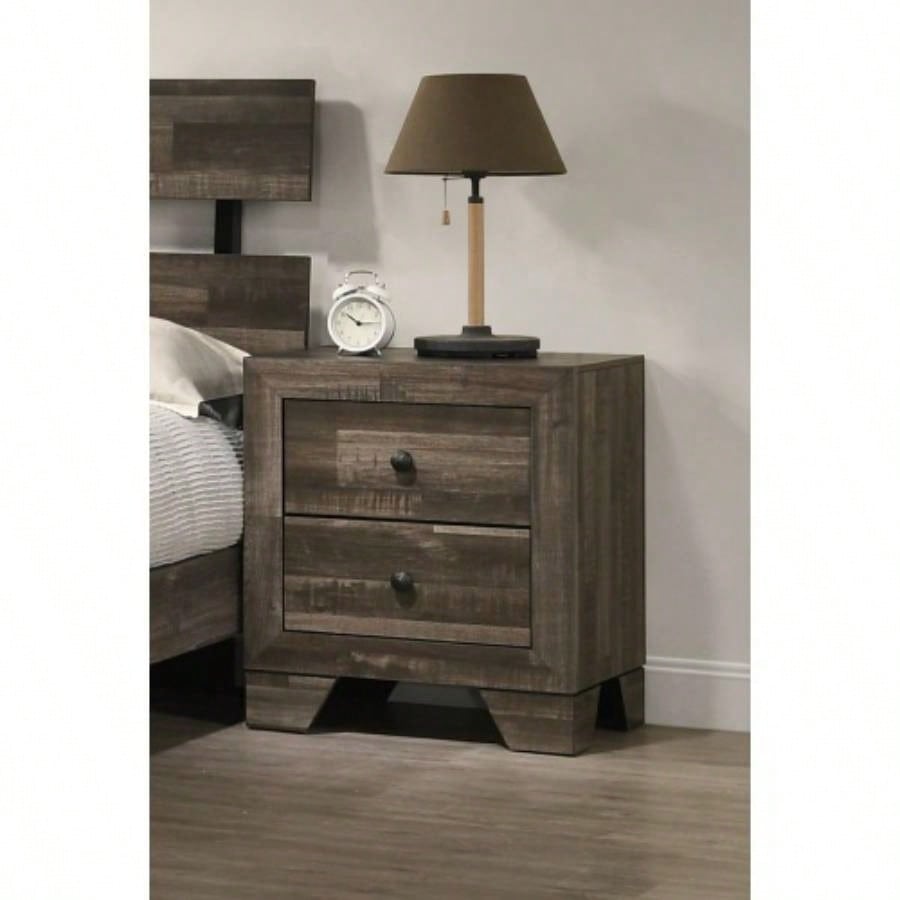 1pc Rustic Two Drawers Storage Nightstand Brown Gray Wooden Bedroom Furniture