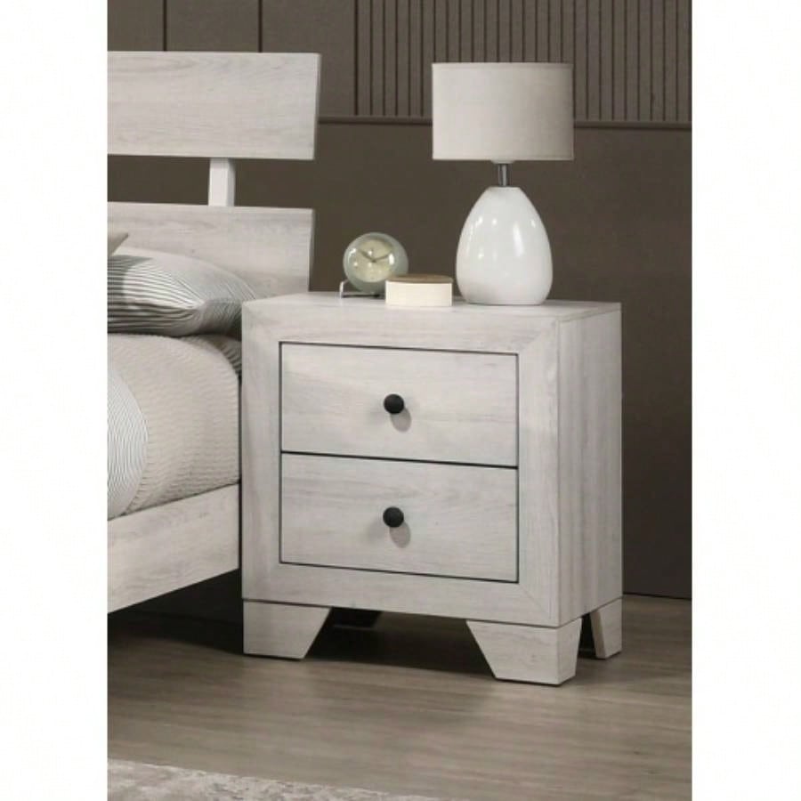 1pc Rustic Two Drawers Storage Nightstand White Wash Wooden Bedroom Furniture