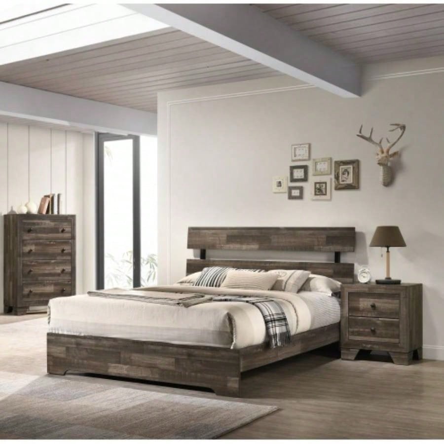 1pc Rustic Two Drawers Storage Nightstand Brown Gray Wooden Bedroom Furniture