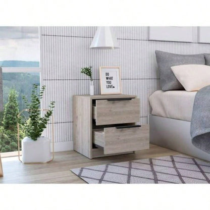 Nightstand Cervants, Two Drawers, Metal Handle, Light Gray