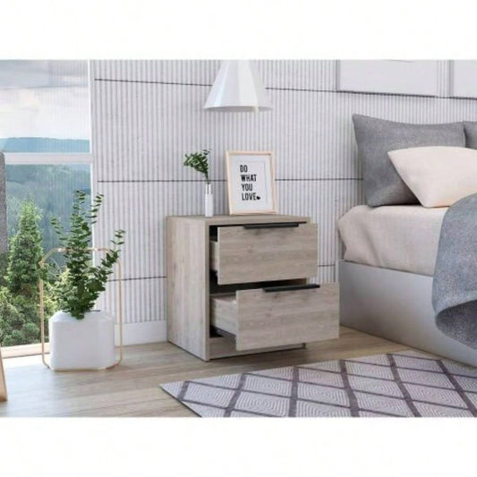 Nightstand Cervants, Two Drawers, Metal Handle, Light Gray