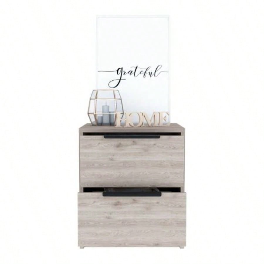 Nightstand Cervants, Two Drawers, Metal Handle, Light Gray