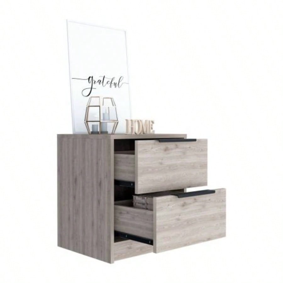 Nightstand Cervants, Two Drawers, Metal Handle, Light Gray