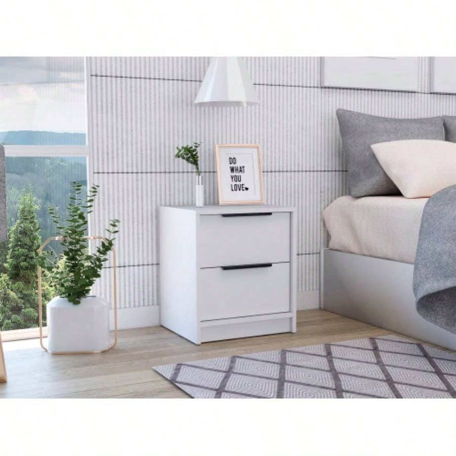 Nightstand Cervants, Two Drawers, Metal Handle, Light Gray