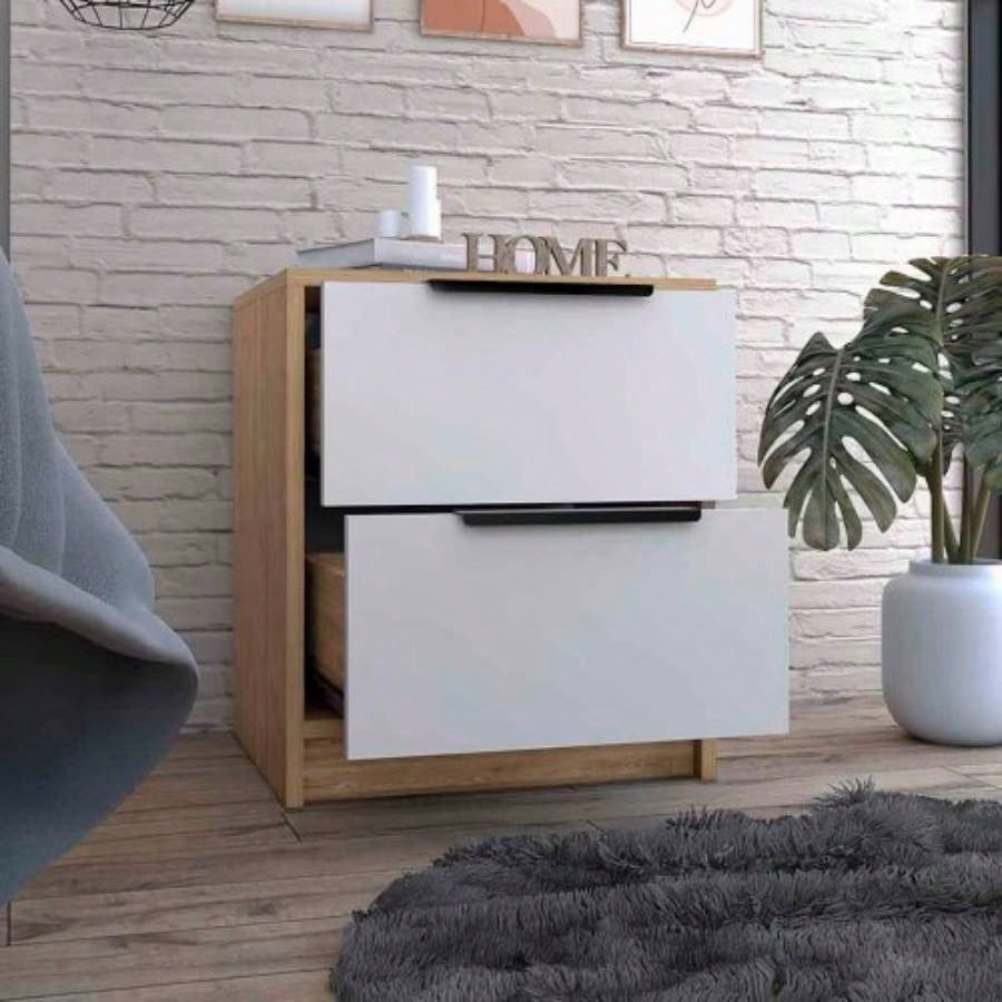 Nightstand Cervants, Two Drawers, Metal Handle, Light Gray