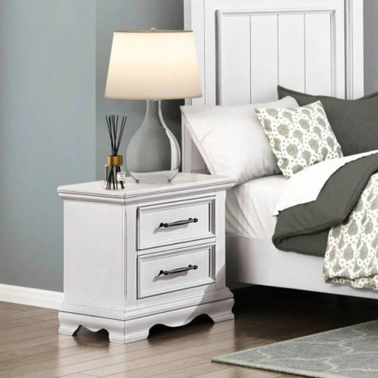 Charming White 2 - Drawer Nightstand Durable Wood Black Handles Classic Bedside Table 1pc Bedroom Furniture