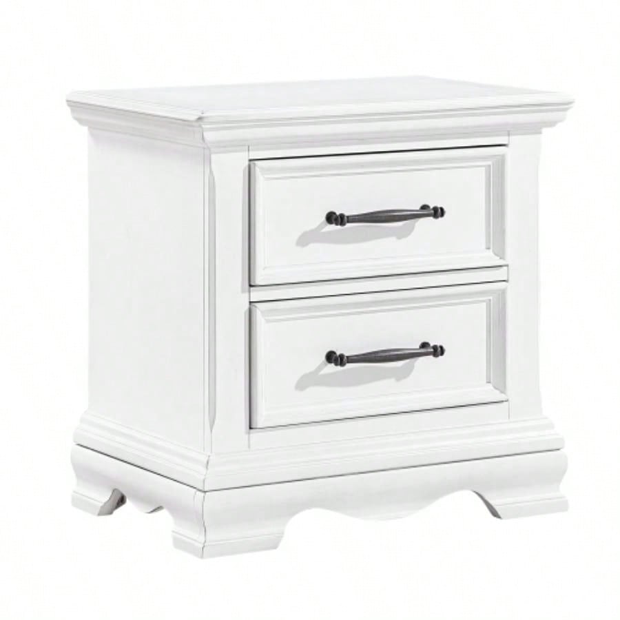 Charming White 2 - Drawer Nightstand Durable Wood Black Handles Classic Bedside Table 1pc Bedroom Furniture