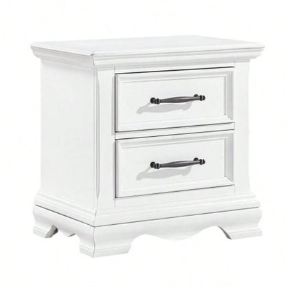 Charming White 2 - Drawer Nightstand Durable Wood Black Handles Classic Bedside Table 1pc Bedroom Furniture