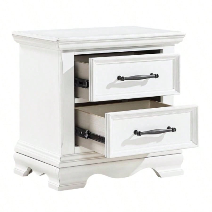 Charming White 2 - Drawer Nightstand Durable Wood Black Handles Classic Bedside Table 1pc Bedroom Furniture