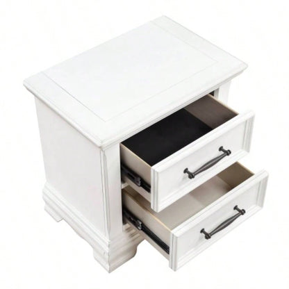 Charming White 2 - Drawer Nightstand Durable Wood Black Handles Classic Bedside Table 1pc Bedroom Furniture