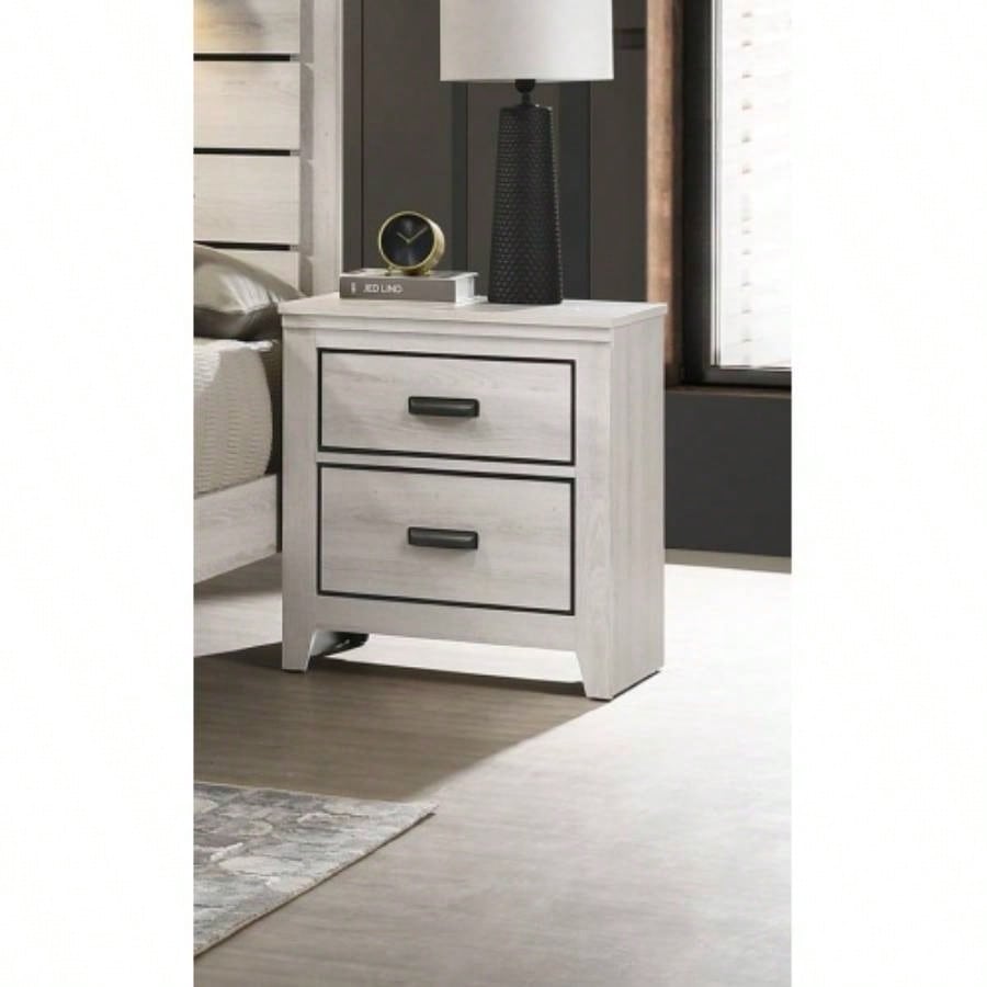 Contemporary 2 - Drawer Nightstand End Table Beige White Two Storage Drawers Bedroom Furniture