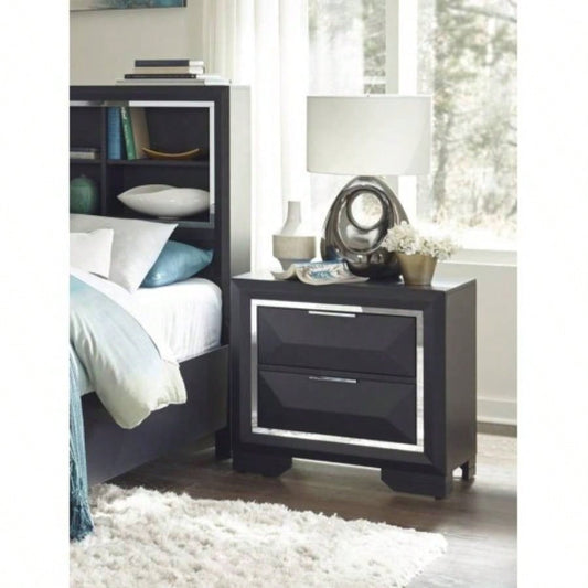 Modern Bedroom Nightstand of Two Drawers Beveled Acrylic Trim Wooden Furniture 1pc, Midnight Blue