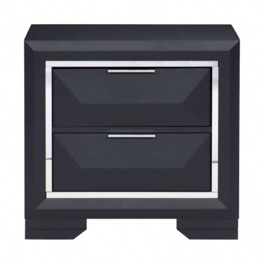 Modern Bedroom Nightstand of Two Drawers Beveled Acrylic Trim Wooden Furniture 1pc, Midnight Blue