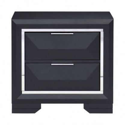Modern Bedroom Nightstand of Two Drawers Beveled Acrylic Trim Wooden Furniture 1pc, Midnight Blue