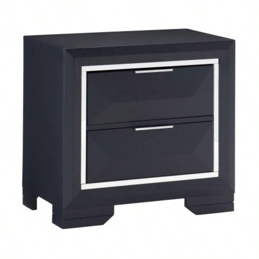 Modern Bedroom Nightstand of Two Drawers Beveled Acrylic Trim Wooden Furniture 1pc, Midnight Blue