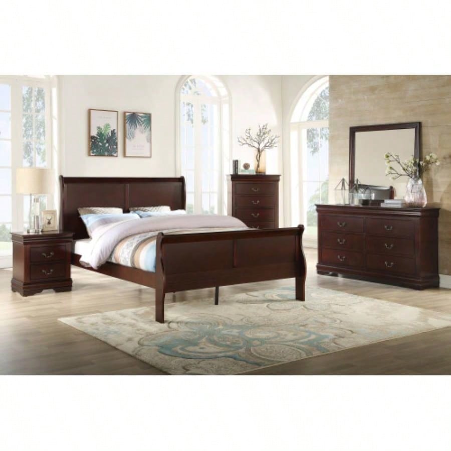 1pc Cherry Two Drawers Louis Philip Nightstand Solid Wood Contemporary Simple Style