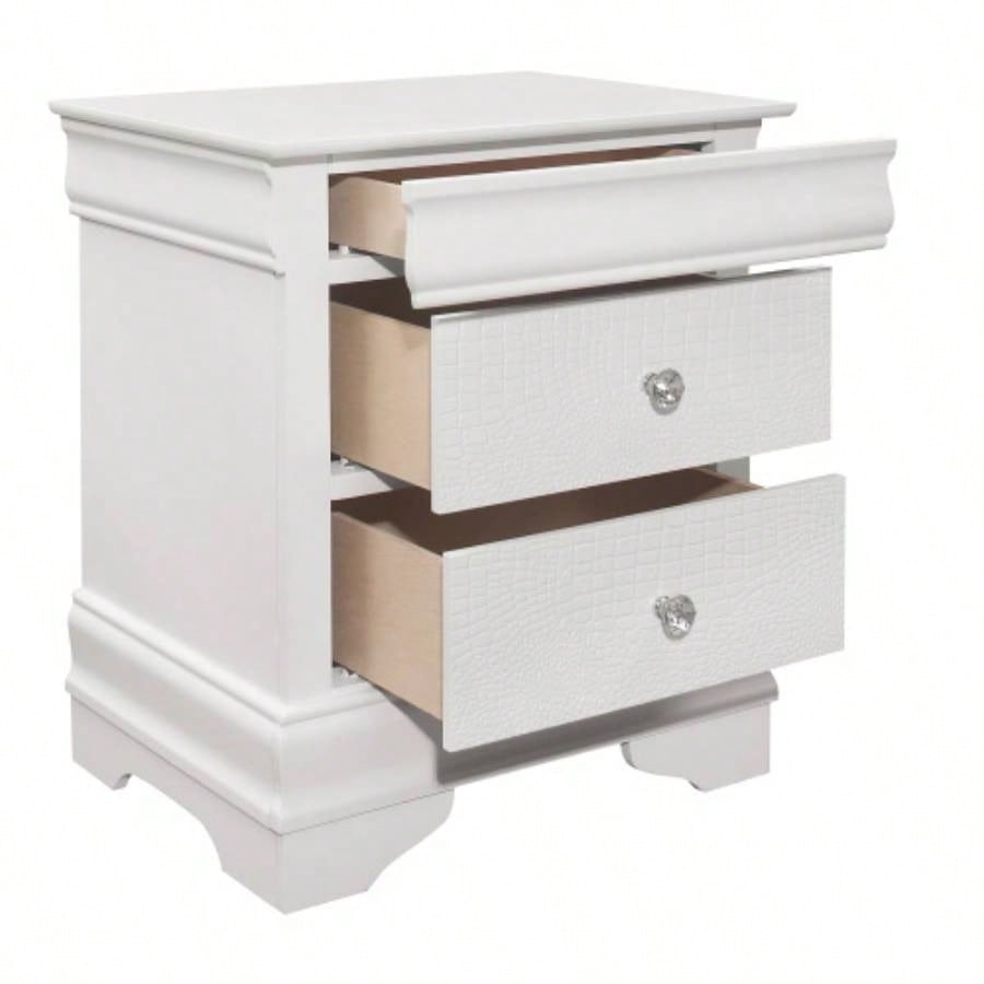 Traditional Design Bedroom Furniture 1pc Nightstand of 3x Drawers Faux Alligator Embossed Fronts White Wooden Furniture
