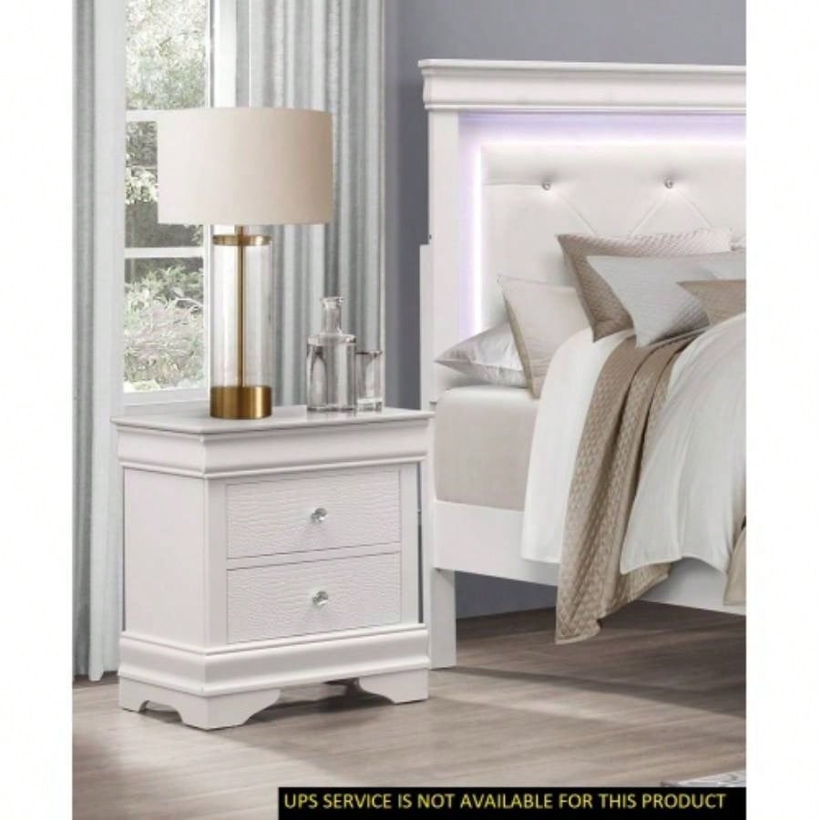 Traditional Design Bedroom Furniture 1pc Nightstand of 3x Drawers Faux Alligator Embossed Fronts White Wooden Furniture