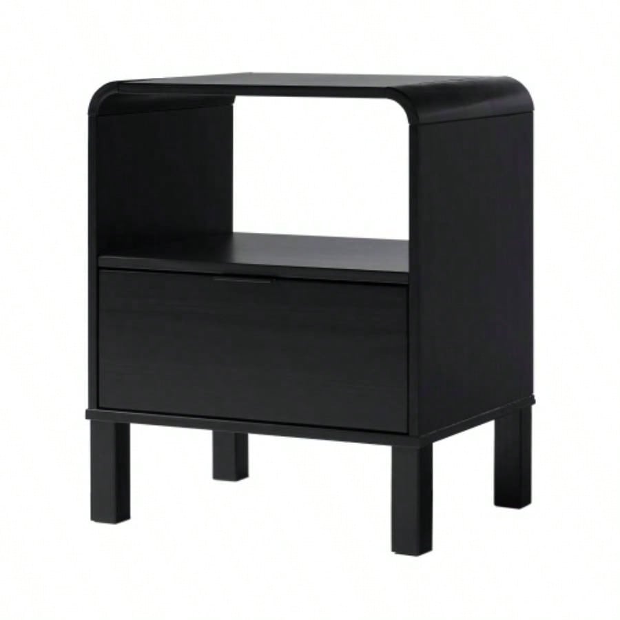 Modern Minimalist Curved - Top Solid Wood Nightstand - Black