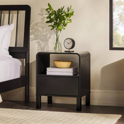 Modern Minimalist Curved - Top Solid Wood Nightstand - Black