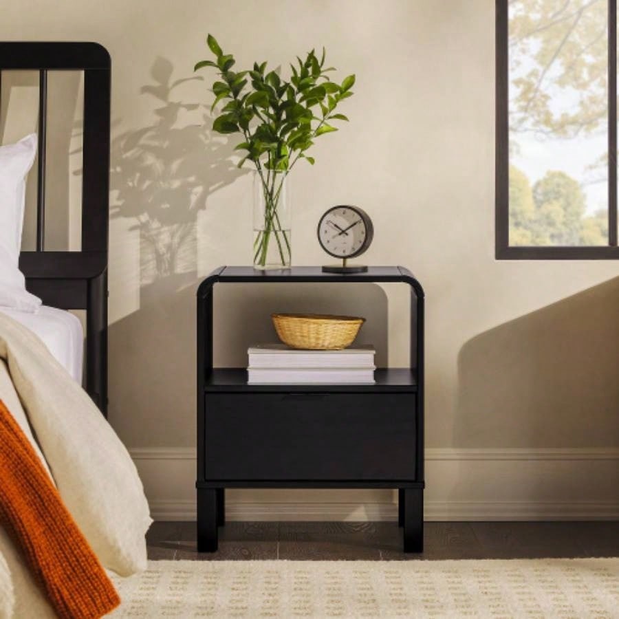 Modern Minimalist Curved - Top Solid Wood Nightstand - Black